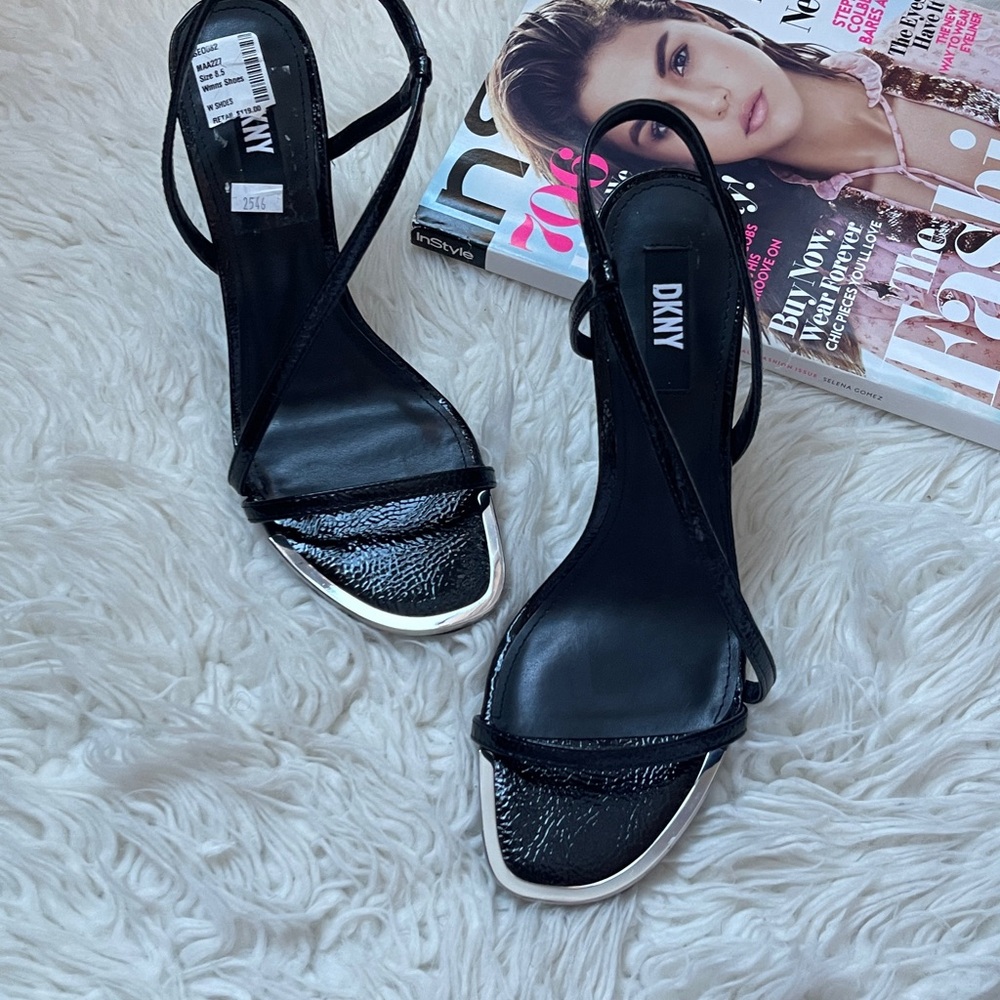 New DKNY Danielle Stiletto Glossy Black Strappy Sandals Heels - Picture 4 of 14